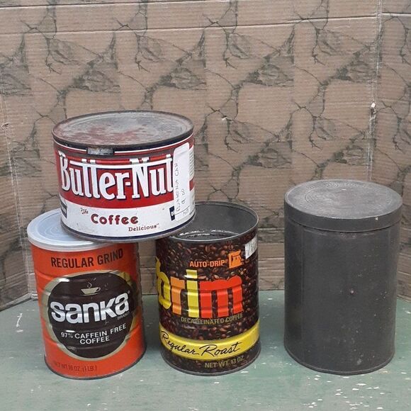 4 pc vintage coffee cans: Butternut, Sanka, Brim, and Bokar - Picture 1 of 14